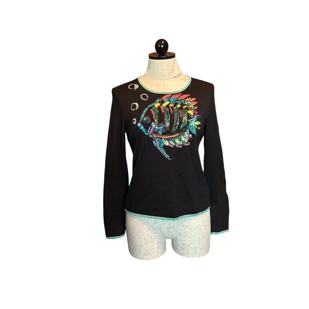 Michael Simon Black Sequin Fish Long Sleeve Sweater Silk Stretch Beach Sz S